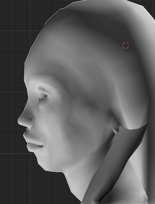 Smooth grey profile of the same girl's head, lips parted slightly, ponytail falling behind the ear