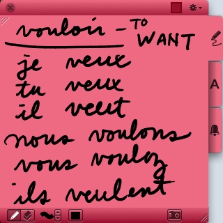 Pink virtual sticky note of French conjugation practice: 'vouloir – TO WANT: je veux, tu veux, il veut, nous voulons, vous voulez, ils veulent'