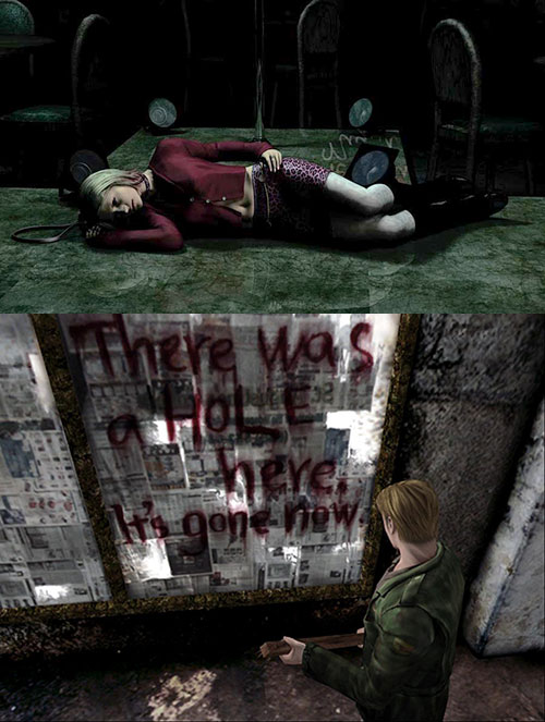 Silent Hill 2 twice: Maria lying dead on the green diner floor, and James reading 'There was a HOLE here. It's gone now.' on a newspapered wall
