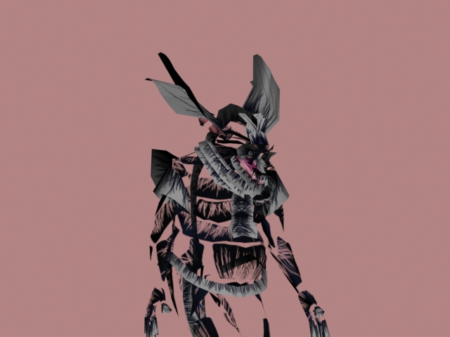 Low-poly creature textured in ink-scratch black and white on dusty pink: a rabbit-eared armored beast with a raw pink mouth
