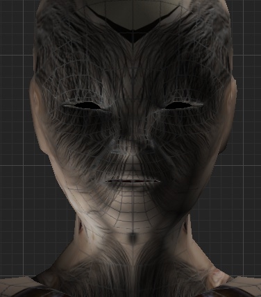 Face texture test: a woman's head overgrown with dark feathered fur, black hollow eyes, wireframe lines showing through
