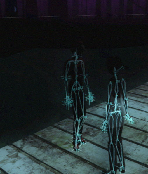 Two skeleton-rigged girls in cyan bones walking a plank boardwalk in a dark purple forest — Path animation debugging