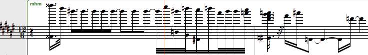A dense strip of engraved sheet music in 12/8, marked 'mhm' at the start, black notes crowding the staff