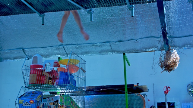 Inverted photo: bare legs dangling from a silver-insulated ceiling above shopping baskets of toys — a mirror-world garage