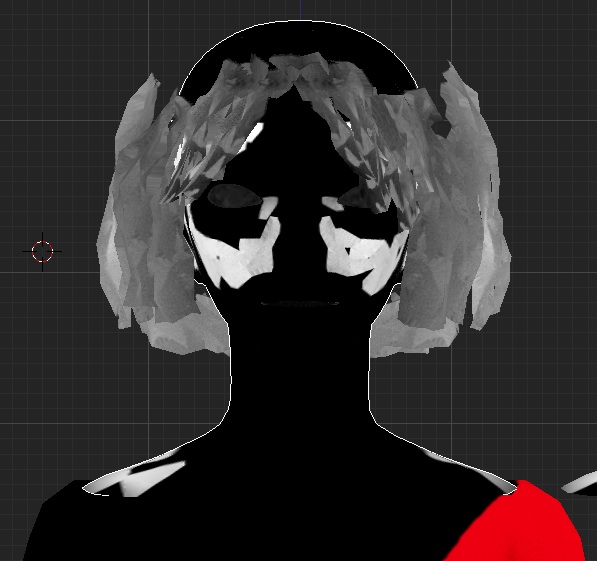 Inverted-color render: a bob-haired girl in negative, face patched black and white like a skull, one red shoulder