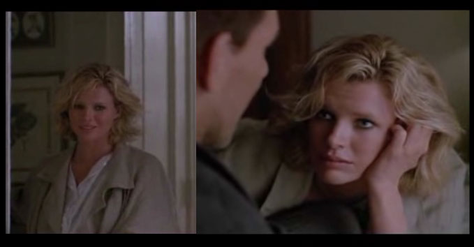 Two frames of Kim Basinger in 9½ Weeks: standing in a doorway in a trench coat, then lying down, hand in her hair, a man's shoulder in front