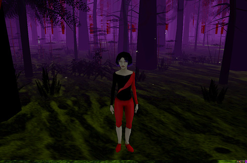 The Path: Rose in red-and-black standing in mossy undergrowth, purple forest hung with red lanterns behind her