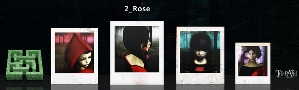 The Path character sheet '2_Rose': four polaroids of the girl in the red hood and dress at different ages, a green hedge-maze icon at left