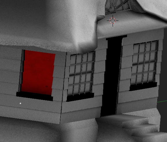 Untextured grey model of grandmother's crooked house with black door and window frames, one window glowing red
