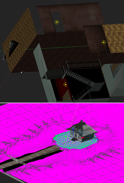 Two Blender views of grandmother's house: the dark cutaway interior with staircase and lamp gizmos, and the whole cottage on shocking magenta terrain