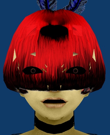 Ruby's head front-on: red bowl-cut wig over black eye-mask shadow, mouth open, black choker, on deep blue