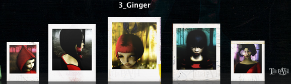 Path character sheet '3_Ginger': five polaroids of the redhead tomboy at different ages, hooded child to lanky teen