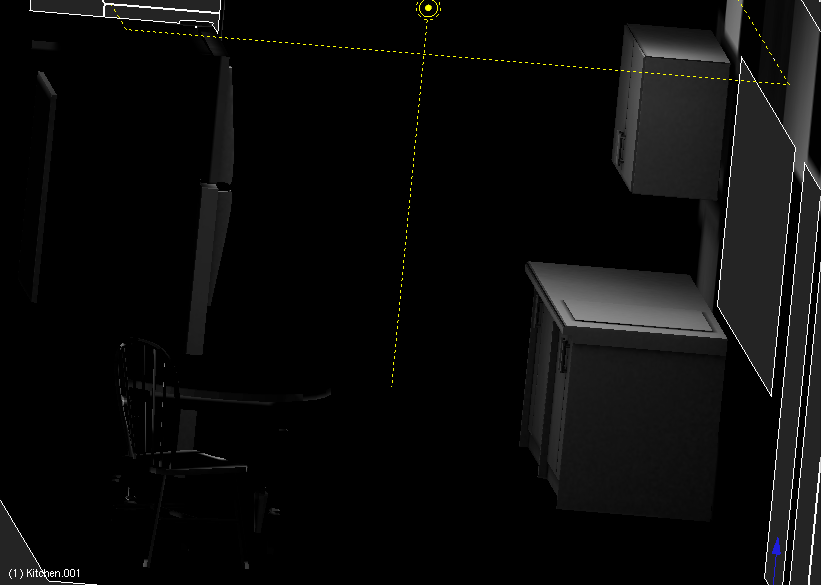 Near-black Blender render of grandmother's kitchen — chair, table and cabinets barely emerging from darkness, a lamp gizmo above ('Kitchen.001')