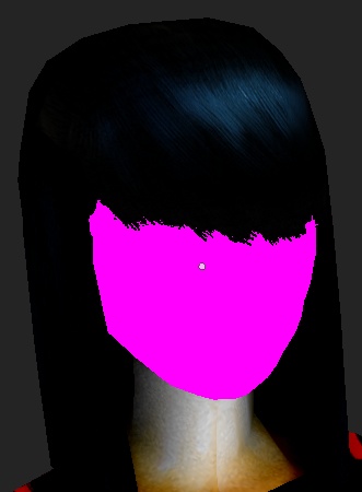 Ruby's black glossy wig over a blank magenta placeholder face, textured neck below