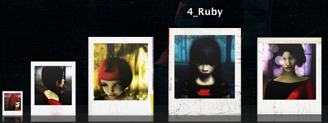 Path character sheet '4_Ruby': five polaroids from small red-haired child to the black-bobbed girl in striped top