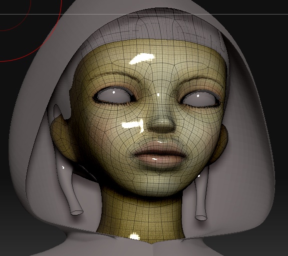 ZBrush close-up of a Path girl's hooded head, wireframed olive face with blank eyes inside a smooth grey hood