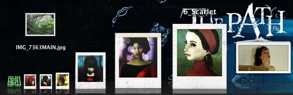 Path character sheet '6_Scarlet': polaroids of the eldest sister, red-bunned and severe, painted portrait style, with a forest reference photo