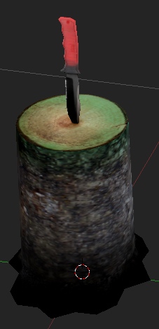 Textured 3d prop: a red-handled knife stuck upright in a green-topped tree stump