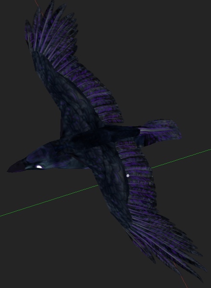 3d raven from above, wings spread wide showing purple-striped feathers, gliding in the dark viewport