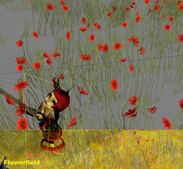 Unity scene 'Flowerfield': the red-wigged Path girl toppled head-over-heels among sketchy poppies, half the field still untextured grey