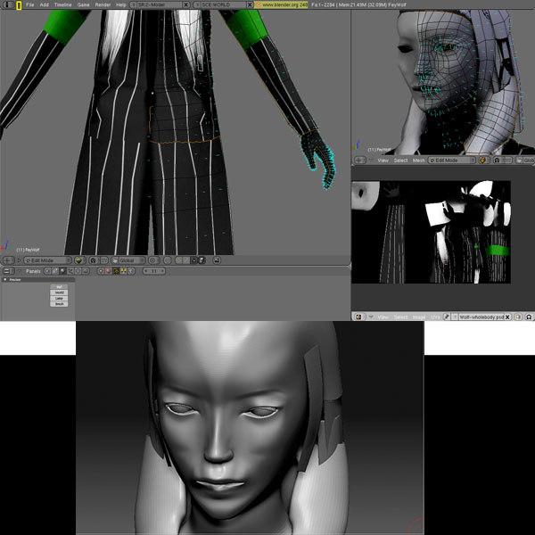 Blender screens of a pinstripe-suited character (FeyWolf) with white hair and green cuffs, plus a smooth grey female head below
