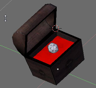 3d prop: an open wooden treasure chest with a faceted diamond on its red lining