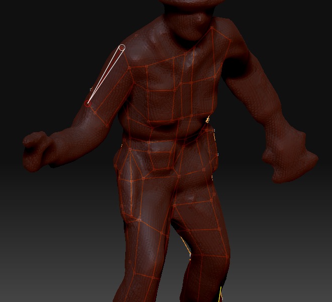 ZBrush: dark red clay-like child figure with orange retopology lines crawling over the body