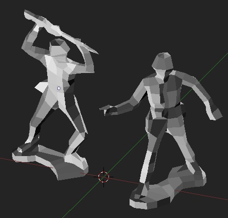 Two low-poly grey toy soldiers posed like plastic army men — one swinging a club overhead, one striding with pistol drawn
