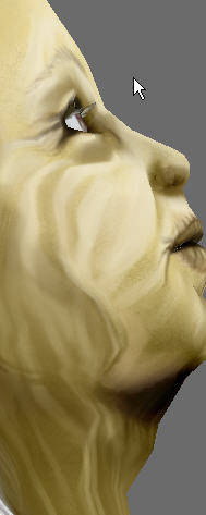 Painted 3d head in profile looking up, sinewy yellowed skin like carved bone, grey ground