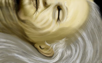 The same head fallen sideways, eyes closed, long white hair streaming — an Ophelia-like sleeping face