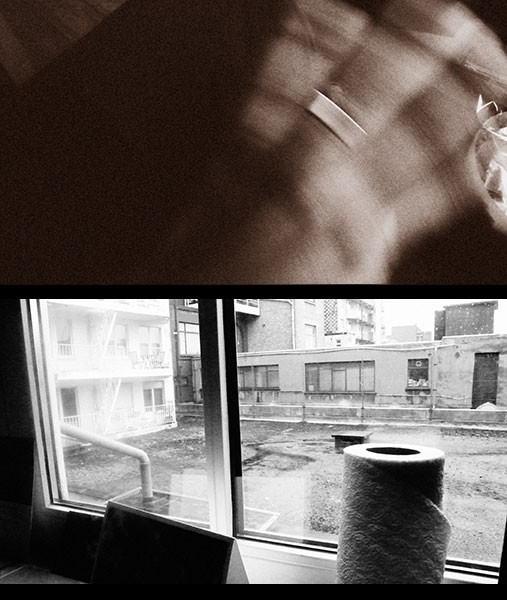 Black-and-white diptych: blurred lattice shadow and a glass on a table above; a kitchen-roll on the windowsill overlooking a bare Gent courtyard below