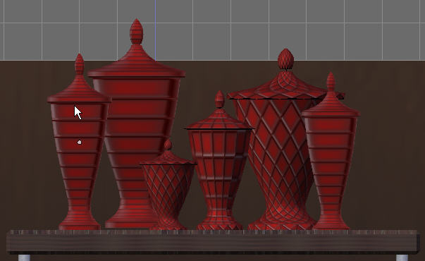 Six red 3d urns and lidded jars in diamond and stripe patterns lined up on a dark shelf — Graveyard props