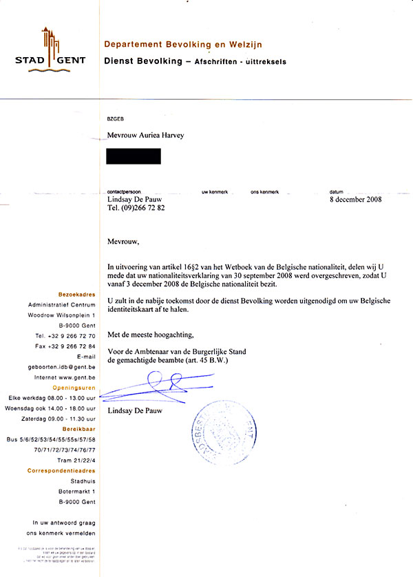 Letter from Stad Gent, 8 December 2008: the nationality declaration accepted — Belgian nationality as of 3 December 2008