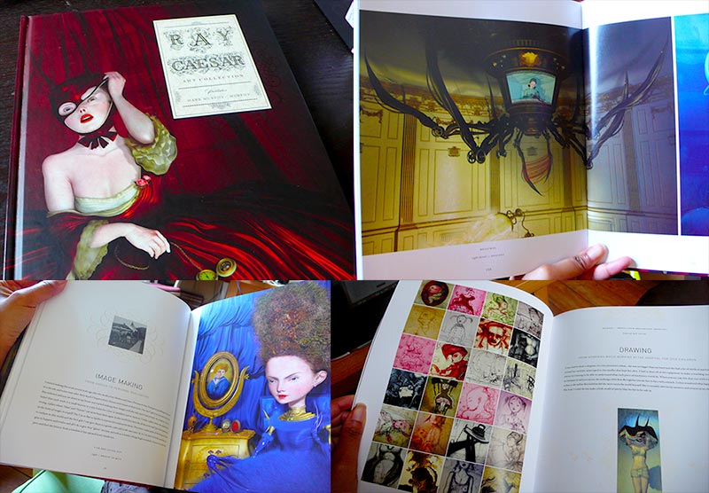 Hands leafing through the Ray Caesar Art Collection monograph: the masked cover girl, a spider-legged theatre box, big-haired doll portraits, a drawing index page Hands leafing through the Ray Caesar Art Collection monograph: the masked cover girl, a spider-legged theatre box, big-haired doll portraits, a drawing index page