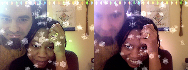 Snowflake-filtered webcam pair: Michael and Auriea cheek to cheek, then Auriea laughing with hand to forehead, ring catching the light Snowflake-filtered webcam pair: Michael and Auriea cheek to cheek, then Auriea laughing with hand to forehead, ring catching the light