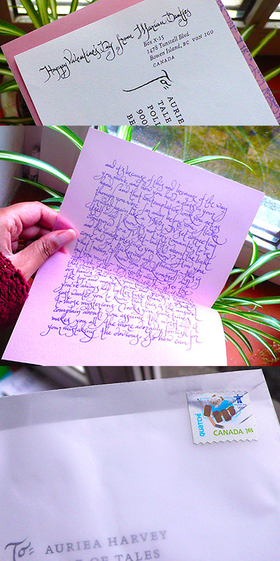 Valentine's mail from Marian Bantjes: hand-calligraphed envelope from Bowen Island, a violet sheet dense with swirling script, Canada stamp Valentine's mail from Marian Bantjes: hand-calligraphed envelope from Bowen Island, a violet sheet dense with swirling script, Canada stamp