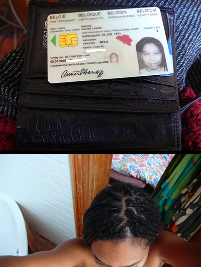 Belgian identity card in a black wallet — the new Belgian ID — and below, freshly twisted hair seen from above