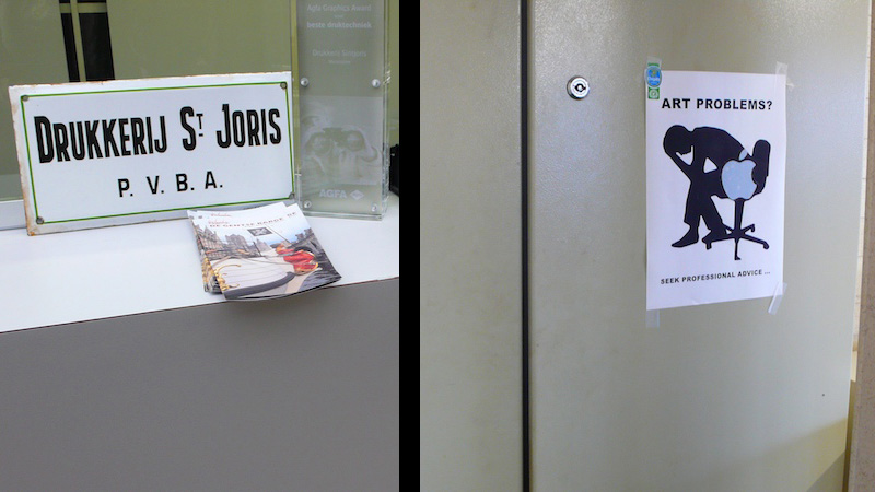 Two finds: enamel 'Drukkerij St Joris P.V.B.A.' printers' sign, and an office-door flyer — 'ART PROBLEMS? Seek professional advice…' Two finds: enamel 'Drukkerij St Joris P.V.B.A.' printers' sign, and an office-door flyer — 'ART PROBLEMS? Seek professional advice…'