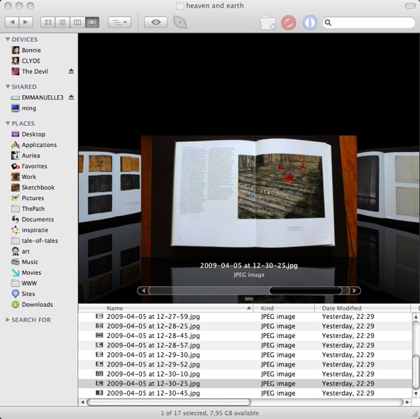 Finder window 'heaven and earth': cover-flow preview of an open exhibition catalogue on black, 17 numbered photos listed below