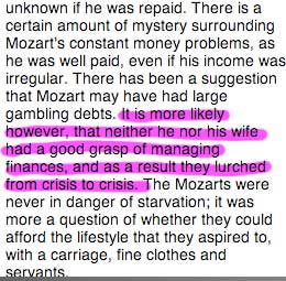 Book paragraph on Mozart's finances, highlighted pink: 'neither he nor his wife had a good grasp of managing finances… they lurched from crisis to crisis' Book paragraph on Mozart's finances, highlighted pink: 'neither he nor his wife had a good grasp of managing finances… they lurched from crisis to crisis'