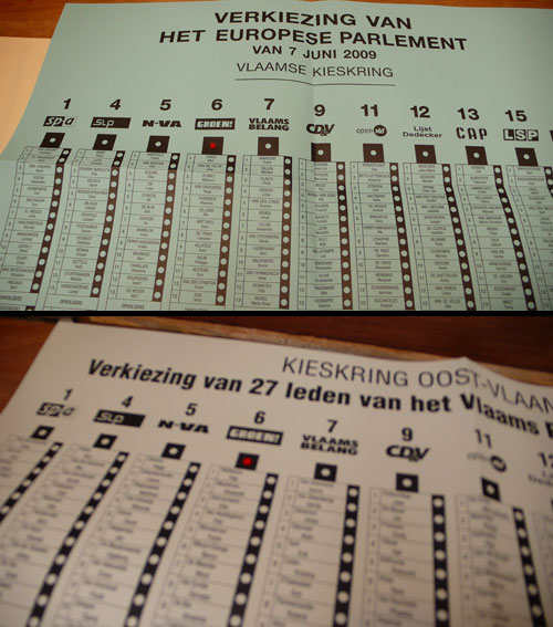 Two Belgian ballots, 7 June 2009: the mint-green European Parliament sheet and the Flemish Parliament list, red dots marked under GROEN! Two Belgian ballots, 7 June 2009: the mint-green European Parliament sheet and the Flemish Parliament list, red dots marked under GROEN!