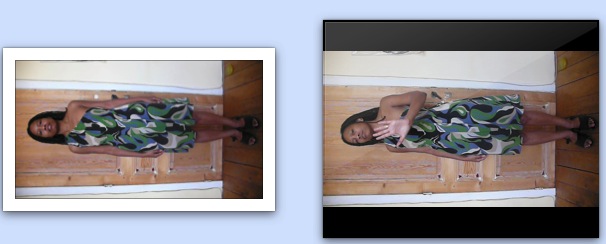 Two mirror photos rotated sideways: trying on a green-blue-white abstract print dress with heels, in a sunny wooden-floored room Two mirror photos rotated sideways: trying on a green-blue-white abstract print dress with heels, in a sunny wooden-floored room