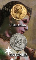 Collage naming two Roman coins — Faustina's over a painted empress, Antonius' silver denarius below