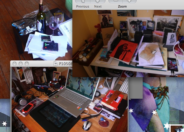 The morning after, in overlapping photo windows: a wine bottle and glasses on the floor, two desks buried in prints, gear and a laptop