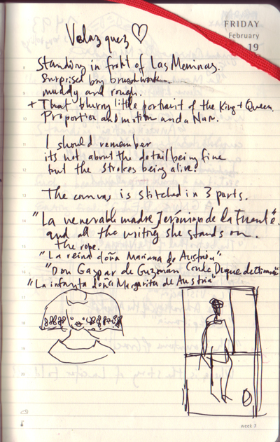 Journal page dated February 19: notes before Las Meninas at the Prado — 'surprised by brushwork, muddy and rough… the strokes being alive' — with two ink sketches