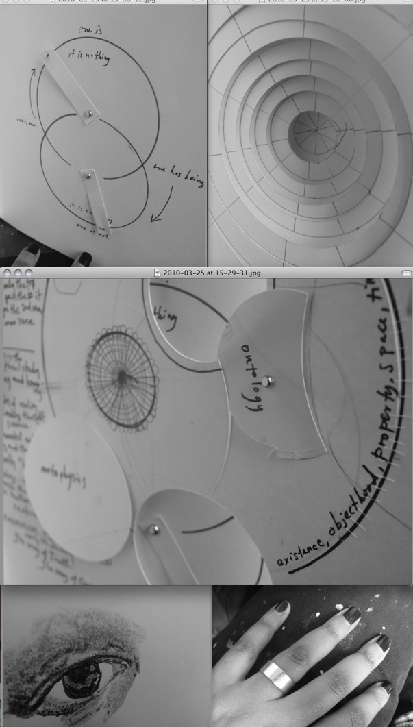 Grayscale collage: paper models with pivoting circle cutouts labeled ontology and metaphysics, concentric paper rings, an eye drawing, black-painted nails