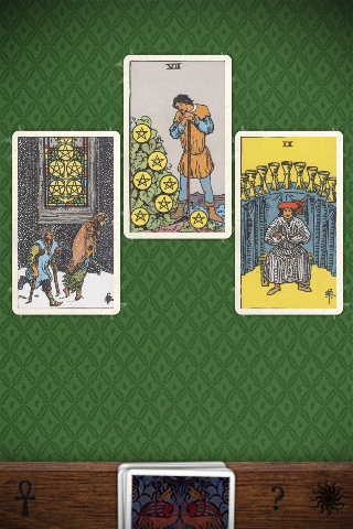 iPhone tarot app, three cards on green wallpaper: Five of Pentacles, Seven of Pentacles, Nine of Cups