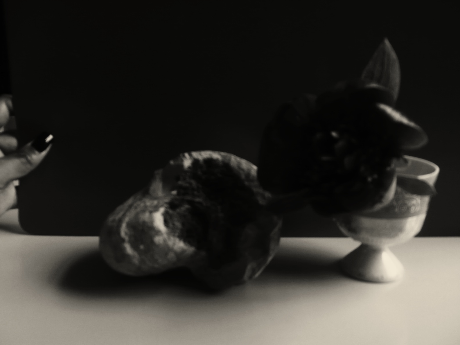 Sepia still life: a hand with dark nails at the edge of frame, two rough loaf-like stones, and a dark peony resting in a footed cup