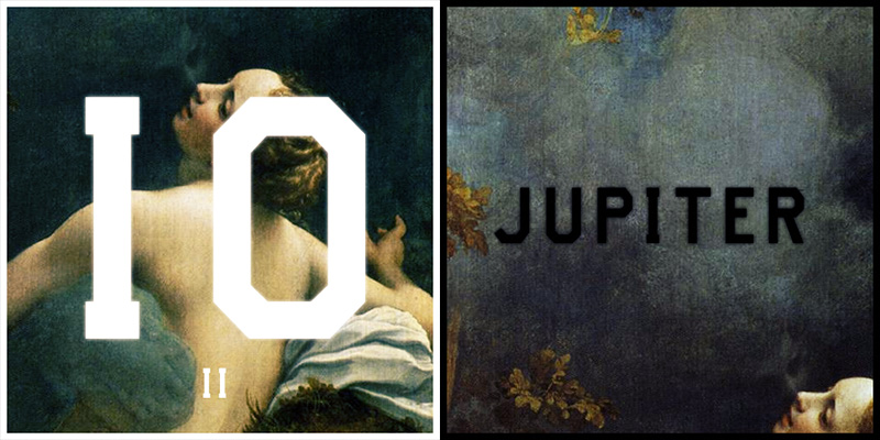 Two album-cover squares made from Correggio's Jupiter and Io: 'IO II' in white varsity letters, 'JUPITER' in black over the cloud god