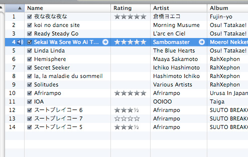 iTunes playlist of J-rock and anime songs: Fujin-yo, Morning Musume, L'Arc-en-Ciel, Sambomaster (playing, five stars), The Blue Hearts, RahXephon tracks, Afrirampo